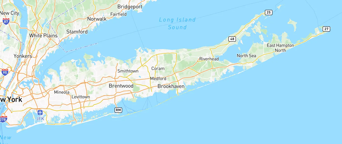 Map of Long Island showing Nassau and Suffolk counties with crime incidents pinned
